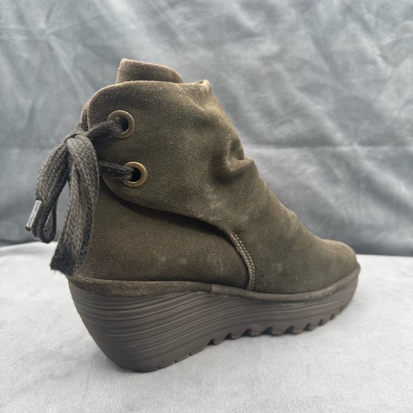 Fly London Yama Wedge Booties Women’s US 7.5 / EU‎ 38 Olive Green Suede Leather - Picture 7 of 15